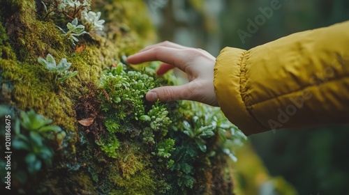 A serene close-up of a hand touching moss on a tree, symbolizing connection with nature and ecological preservation. Ideal for environment and Earth Day campaigns.