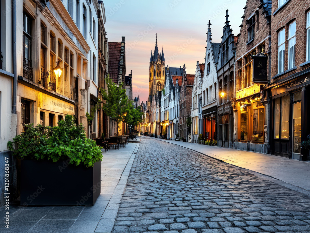 Obraz premium A tranquil evening scene in a picturesque cobblestone street, lined with charming historical buildings, illuminated by warm streetlights under a pastel sky, inviting exploration and cozy moments.