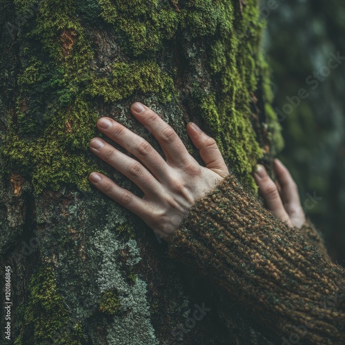 A serene close-up of a hand touching moss on a tree, symbolizing connection with nature and ecological preservation. Ideal for environment and Earth Day campaigns.