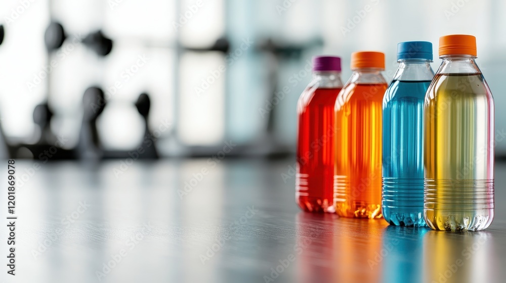 A series of vividly colored beverage bottles, featuring red, orange, and blue hues, line up on a smooth gym surface with fitness equipment faintly visible behind. A series of vividly colored beverage bottles, featuring red, orange, and blue hues, line up on a smooth gym surface with fitness equipment faintly visible behind.