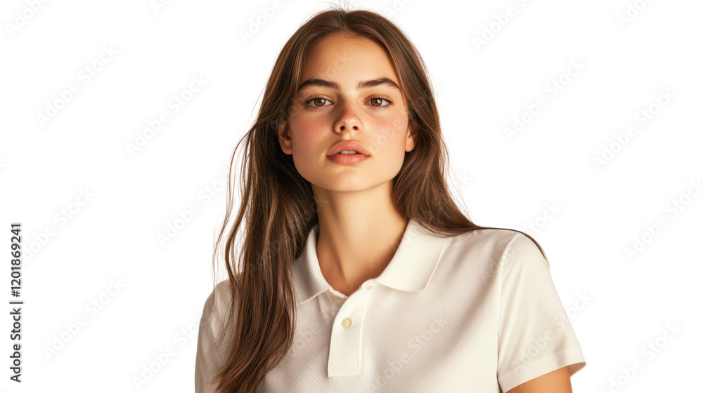 A young woman with long hair poses confidently in a white polo shirt, showcasing a modern and stylish casual look with a natural expression. A young woman with long hair poses confidently in a white polo shirt, showcasing a modern and stylish casual look with a natural expression.