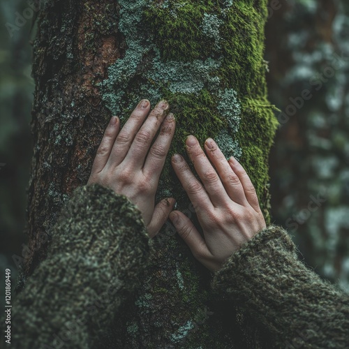 A serene close-up of a hand touching moss on a tree, symbolizing connection with nature and ecological preservation. Ideal for environment and Earth Day campaigns.