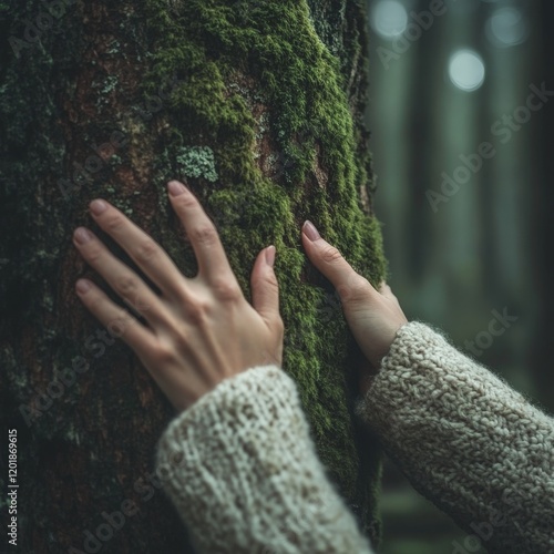 A serene close-up of a hand touching moss on a tree, symbolizing connection with nature and ecological preservation. Ideal for environment and Earth Day campaigns.