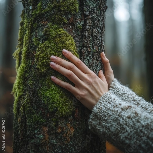 A serene close-up of a hand touching moss on a tree, symbolizing connection with nature and ecological preservation. Ideal for environment and Earth Day campaigns.