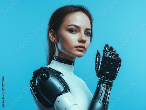 elegant person with a prosthetic arm, isolated against a serene blue background photo