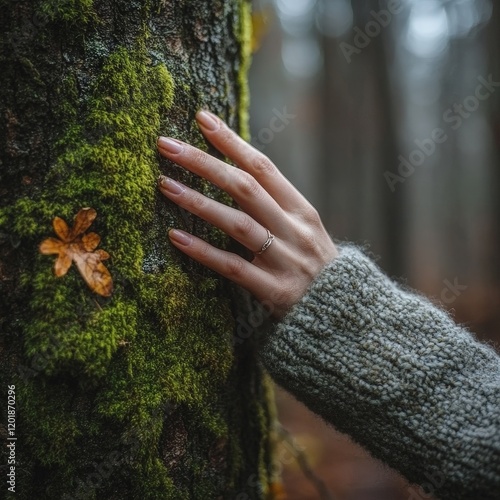 A serene close-up of a hand touching moss on a tree, symbolizing connection with nature and ecological preservation. Ideal for environment and Earth Day campaigns.