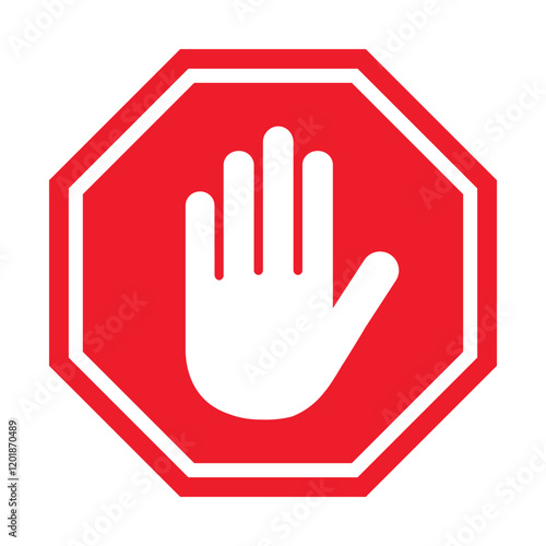 red stop sign with hand vector icon, hand palm icon, warning stop sign, no entry symbol, no trespassing, stop sign, road sign, vector illustration on transparent background, prohibition icon