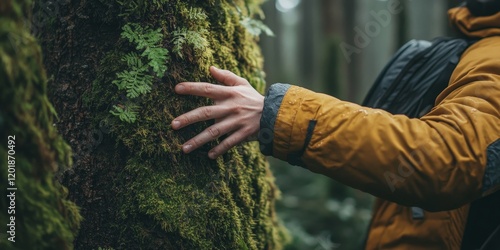 A serene close-up of a hand touching moss on a tree, symbolizing connection with nature and ecological preservation. Ideal for environment and Earth Day campaigns.