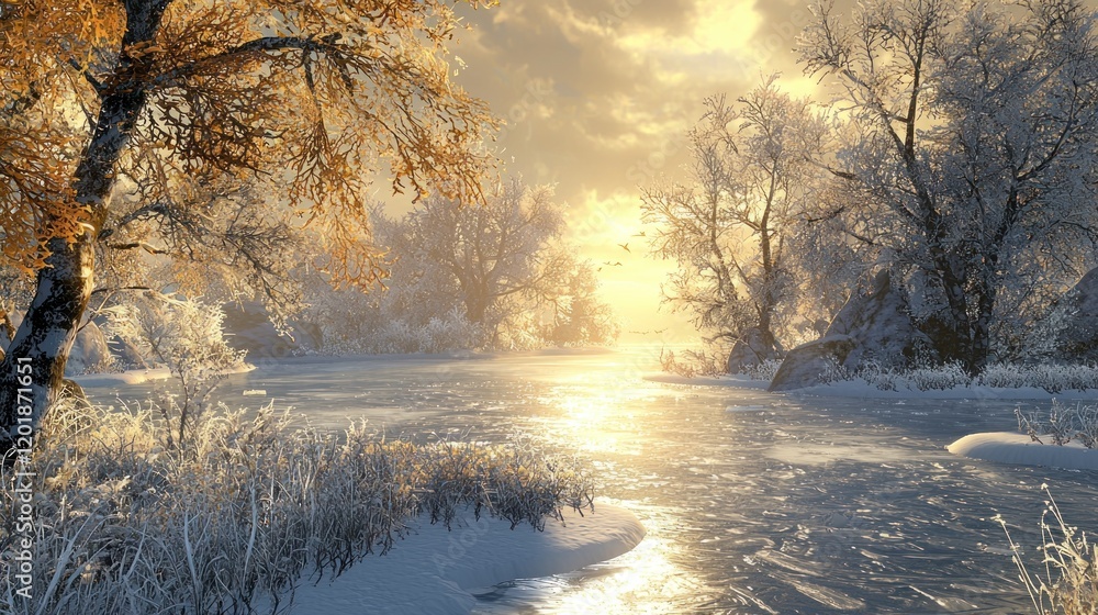 Golden hour winter river scene with snow-covered trees and plants. Golden hour winter river scene with snow-covered trees and plants.