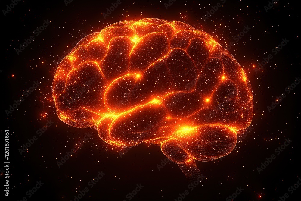 Glowing human brain, neural network, fiery energy. Glowing human brain, neural network, fiery energy.