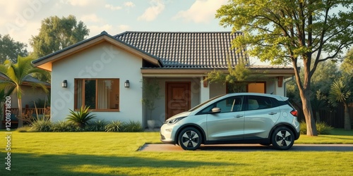An electric vehicle parked outside an eco-friendly house, sustainable future, environmental responsibility, sustainable living