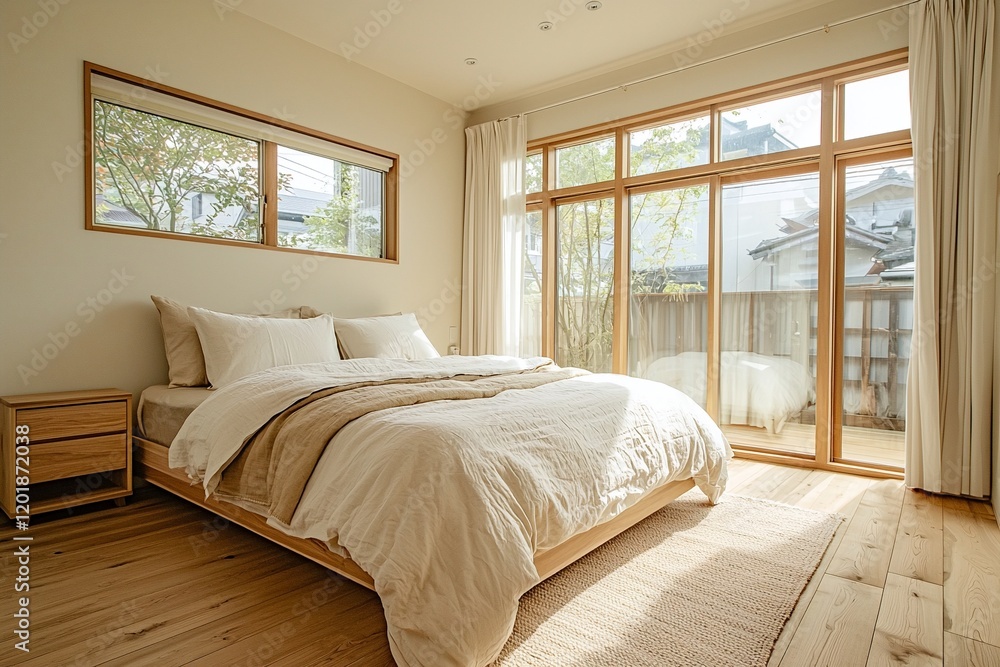 Fototapeta premium A modern minimalist interior in a bedroom with a bed. Generative AI 