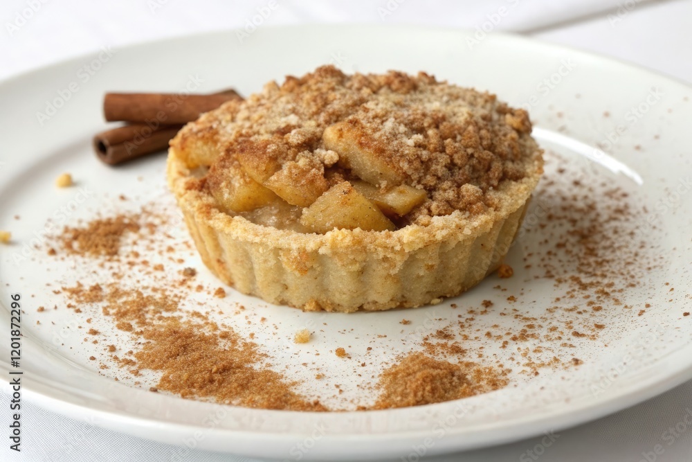 A sprinkling of cinnamon adds depth to the warm apple crumble on a crisp white plate, dessert, plate A sprinkling of cinnamon adds depth to the warm apple crumble on a crisp white plate, dessert, plate