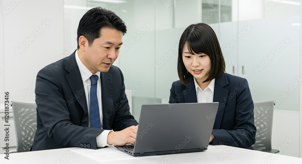 Asian business colleagues reviewing work on laptop in modern corporate office setting Asian business colleagues reviewing work on laptop in modern corporate office setting