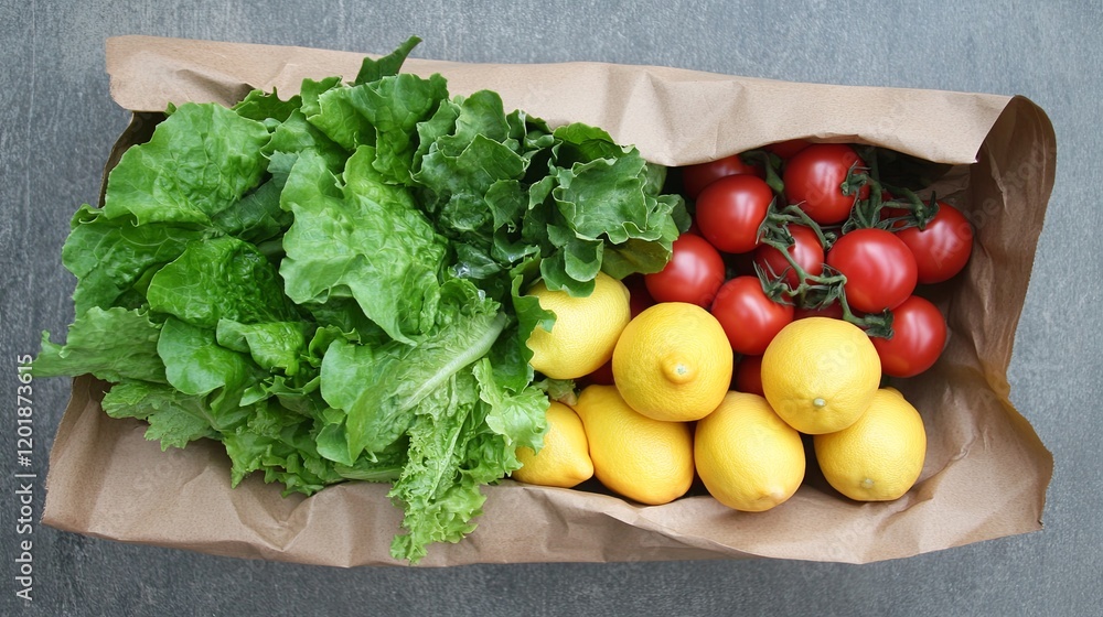 A clean, eco-friendly paper bag filled with fresh produce, including lettuce, tomatoes, and lemons A clean, eco-friendly paper bag filled with fresh produce, including lettuce, tomatoes, and lemons