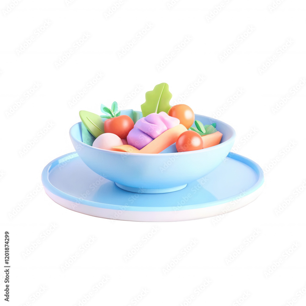 A vibrant 3D render of a blue bowl filled with various stylized vegetables, including carrots, tomatoes, and leafy greens, showcasing a mix of colors. A vibrant 3D render of a blue bowl filled with various stylized vegetables, including carrots, tomatoes, and leafy greens, showcasing a mix of colors.