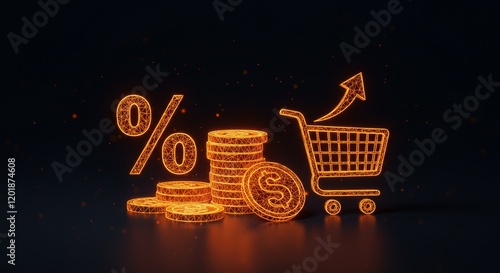 Financial concept with glowing orange cart, coin stack, and percentage sign emphasizing e-commerce profitability and data-driven marketing analytics photo