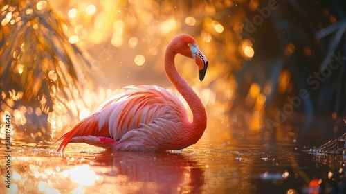 Elegant Flamingo wading in a glittering pond at sunset, beautiful light, Generated AI photo