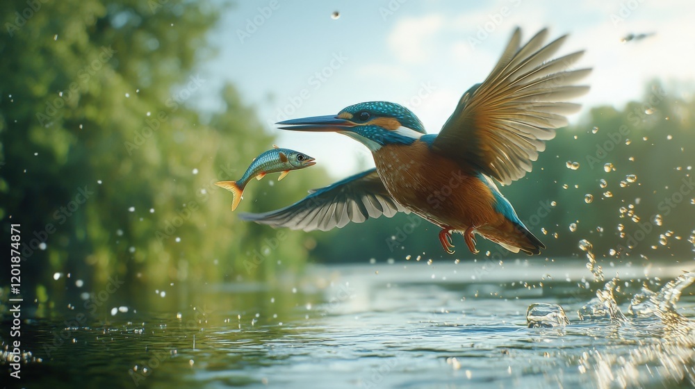 Fototapeta premium Kingfisher hunting fish over water with splash effects in the background Generated AI