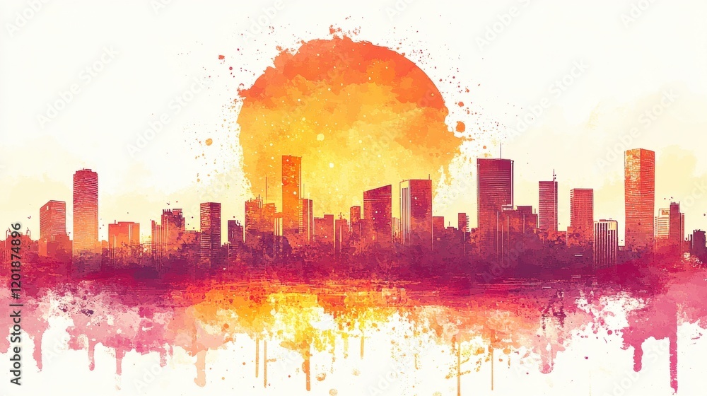 Fototapeta premium Vibrant City Skyline at Sunset with Splashes of Color and Light