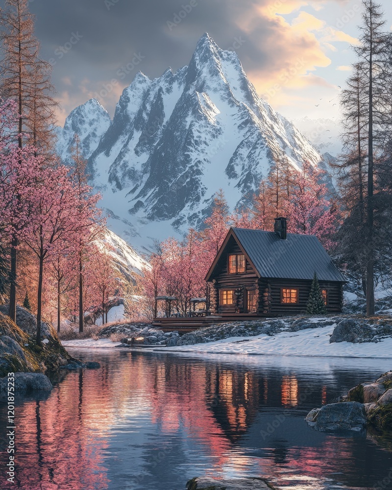Fototapeta premium A serene image of a tranquil mountain cabin surrounded by budding trees and melting snow