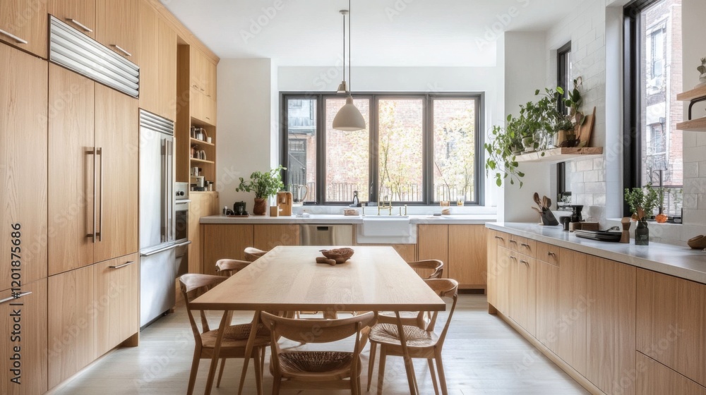 A Scandinavian-style kitchen with clean lines, light wood cabinetry, and an inviting dining area, emphasizing functionality and a warm, welcoming atmosphere. A Scandinavian-style kitchen with clean lines, light wood cabinetry, and an inviting dining area, emphasizing functionality and a warm, welcoming atmosphere.