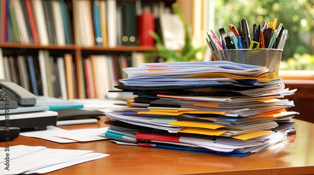 A clean office desk with a stack of organized documents and supplies A clean office desk with a stack of organized documents and supplies
