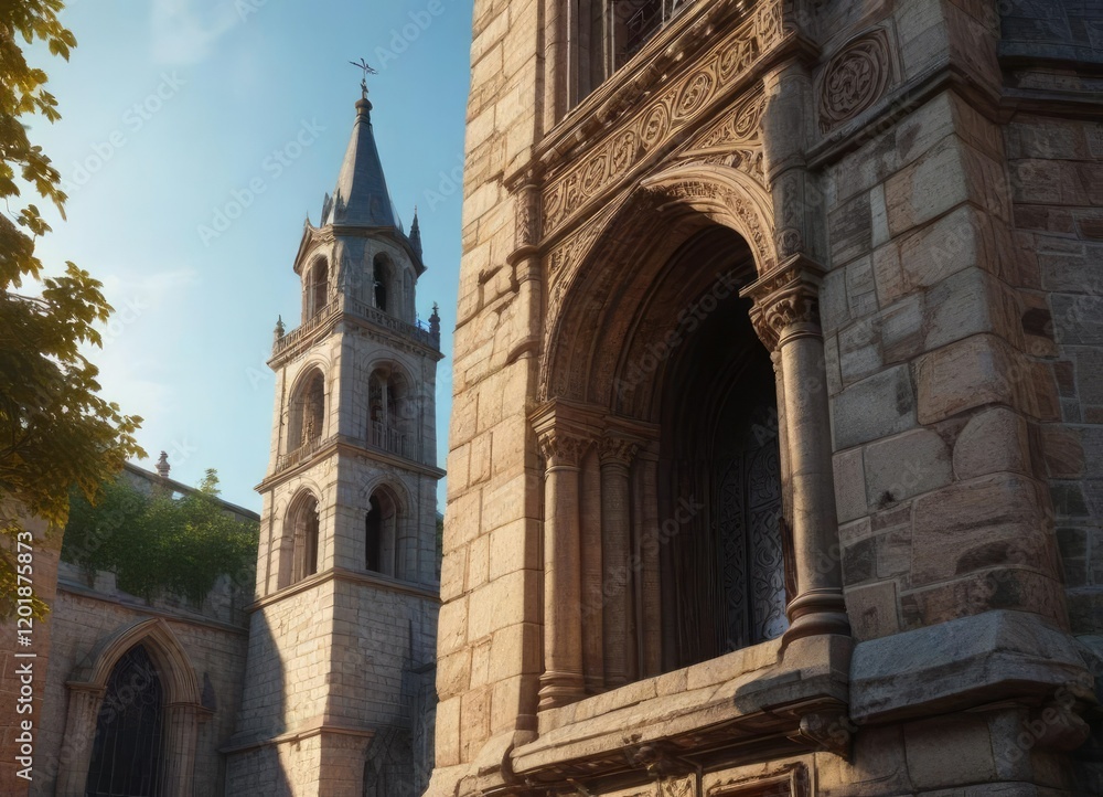Obraz premium A sturdy bell tower dominates the scene, with intricate carvings and ornate stonework adorning its exterior walls in a mix of medieval and Gothic styles , medieval, Gothic revival