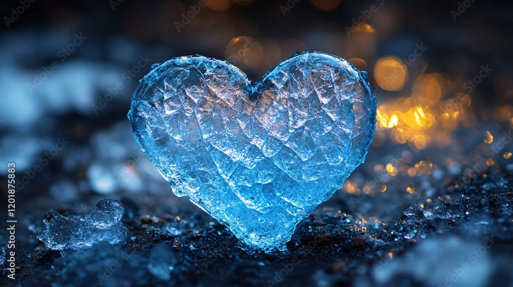 Fototapeta premium A cracked ice heart glowing softly in blue and white