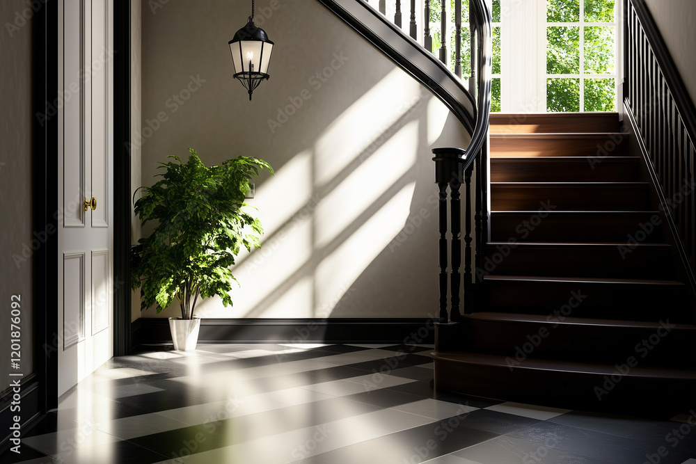 Obraz premium Cozy Sunlit Interior with Greenery and staircase