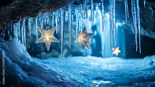 On a frozen cave entrance ornaments in the shape of stars dangle from icicles photo