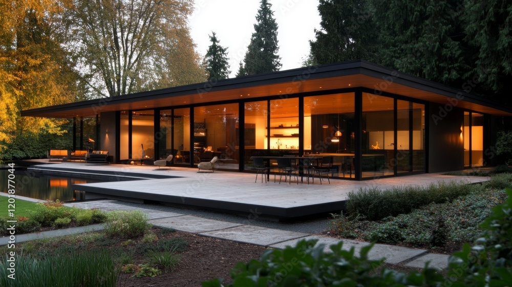 A sleek modern house with a flat roof, large glass panels, and minimalist landscaping, blending seamlessly with nature, showcasing clean lines and open spaces. A sleek modern house with a flat roof, large glass panels, and minimalist landscaping, blending seamlessly with nature, showcasing clean lines and open spaces.