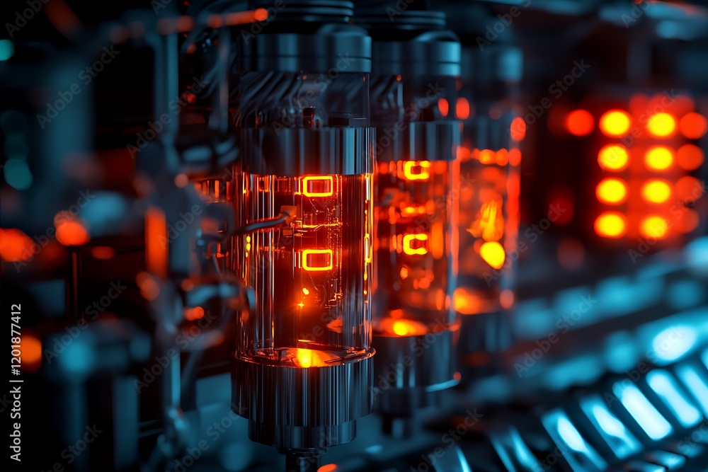 Glowing Vacuum Tubes in an Array of Circuitry with a Dark Blue Background and Orange Lights Glowing Vacuum Tubes in an Array of Circuitry with a Dark Blue Background and Orange Lights