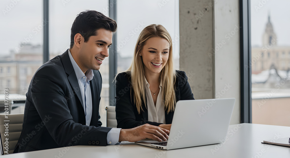 Young business professionals smiling during collaborative meeting with laptop in modern office space Young business professionals smiling during collaborative meeting with laptop in modern office space