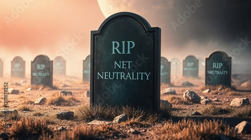 Graveyard with gravestones reading rip net neutrality in a dystopian landscape at twilight