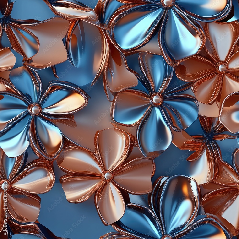 Abstract 3D flowers with interlocking petal shapes in metallic copper and blue . Seamless abstract 3d pattern background Abstract 3D flowers with interlocking petal shapes in metallic copper and blue . Seamless abstract 3d pattern background