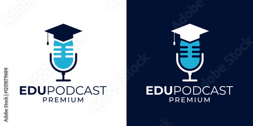 Podcast education logo design vector template. Podcast logo with microphone and graduation hat illustration vector graphic. Voice academy logo design. Education equipment.