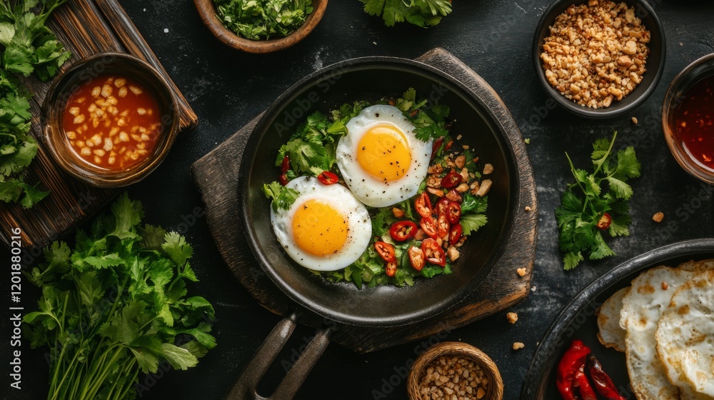 A top-down view of a breakfast spread featuring , with the eggs in a small pan, accompanied by Thai-style dipping sauces and fresh herbs, creating a colorful and inviting meal. A top-down view of a breakfast spread featuring , with the eggs in a small pan, accompanied by Thai-style dipping sauces and fresh herbs, creating a colorful and inviting meal.