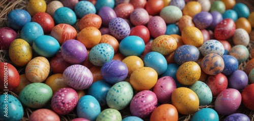 A vibrant basket filled with variously colored painted Easter eggs , decorated eggs, colorful