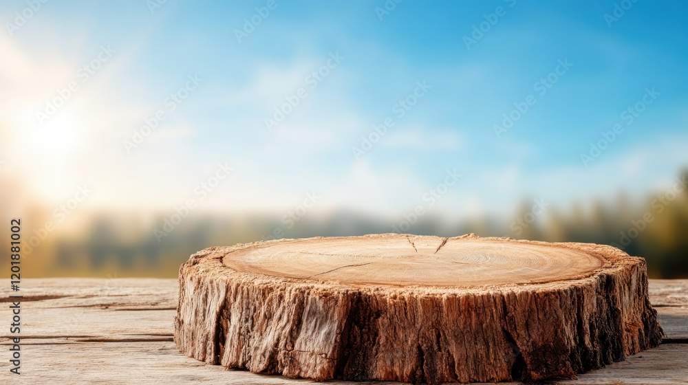 This tree stump rests on a wooden surface, bathed in sunlight with a view of a sunny sky, inviting tranquility and reflection on life's natural progression. This tree stump rests on a wooden surface, bathed in sunlight with a view of a sunny sky, inviting tranquility and reflection on life's natural progression.