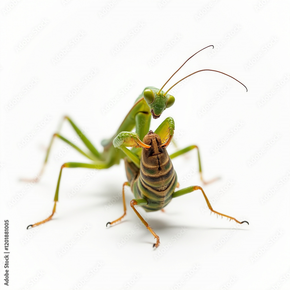 A praying mantis feeding on a fly, showcasing the raw intensity of nature A praying mantis feeding on a fly, showcasing the raw intensity of nature
