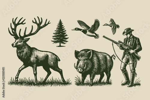Vintage hunting set with deer, boar, ducks, hunter, and tree in engraving