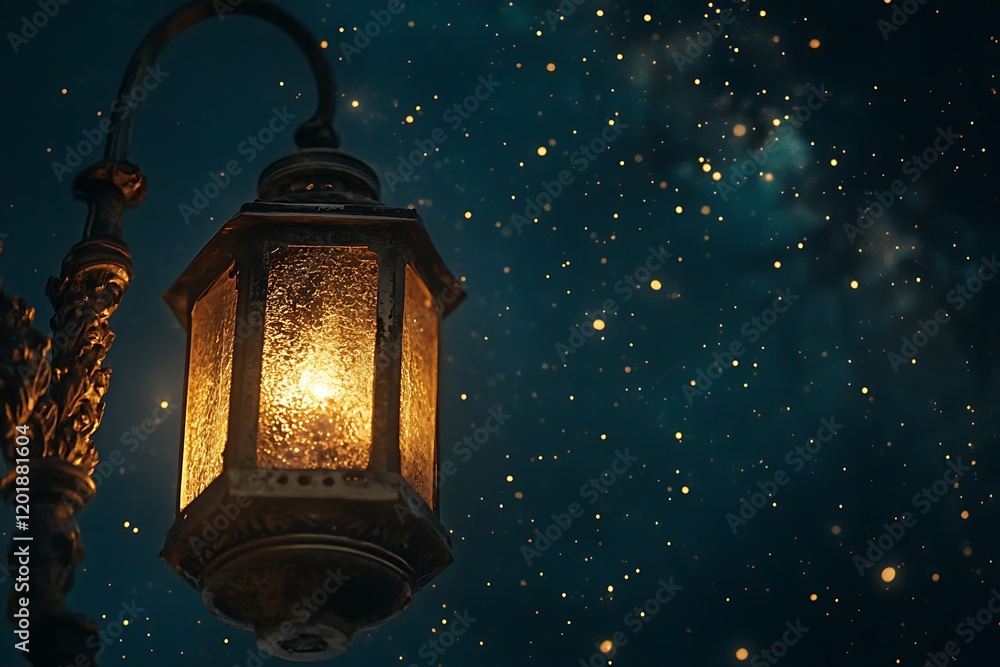 Ländern lit during Ramadan Eid time against a crescent moon & star sky in the background Ländern lit during Ramadan Eid time against a crescent moon & star sky in the background