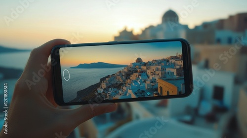 Capturing a breathtaking sunset view over Santorini from a smartphone in the golden hour. Generative AI photo