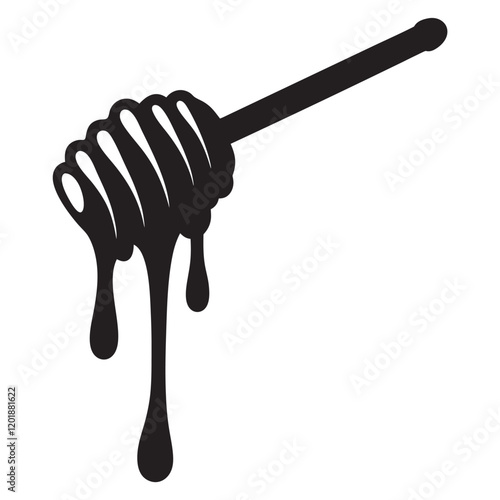 Honey dipper stick with dripping honey vector, Honey stick black silhouette icon vector illustration
