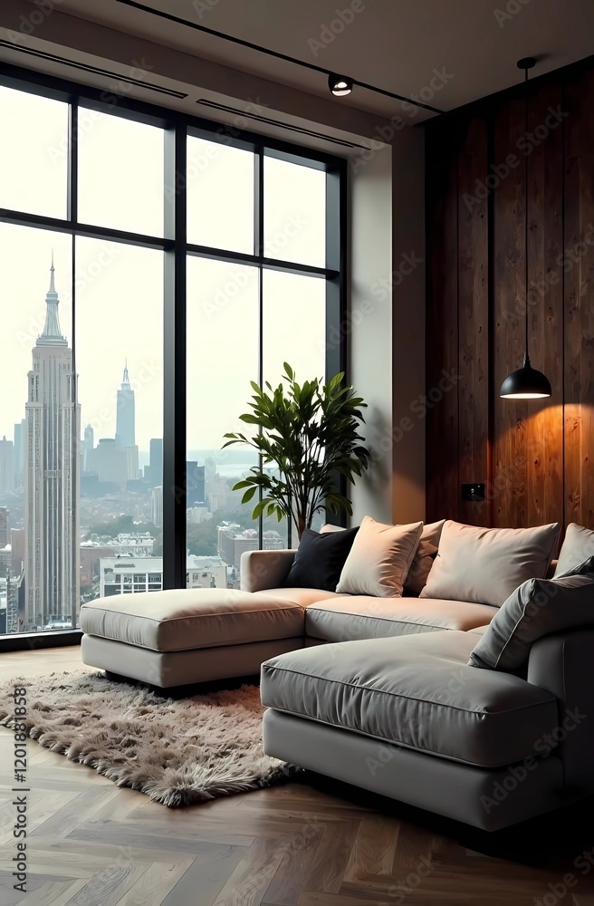 Fototapeta premium Living room interior in mocha tones, minimalist hallway design, home concept, sofa, modern home. Large floor-to-ceiling windows.