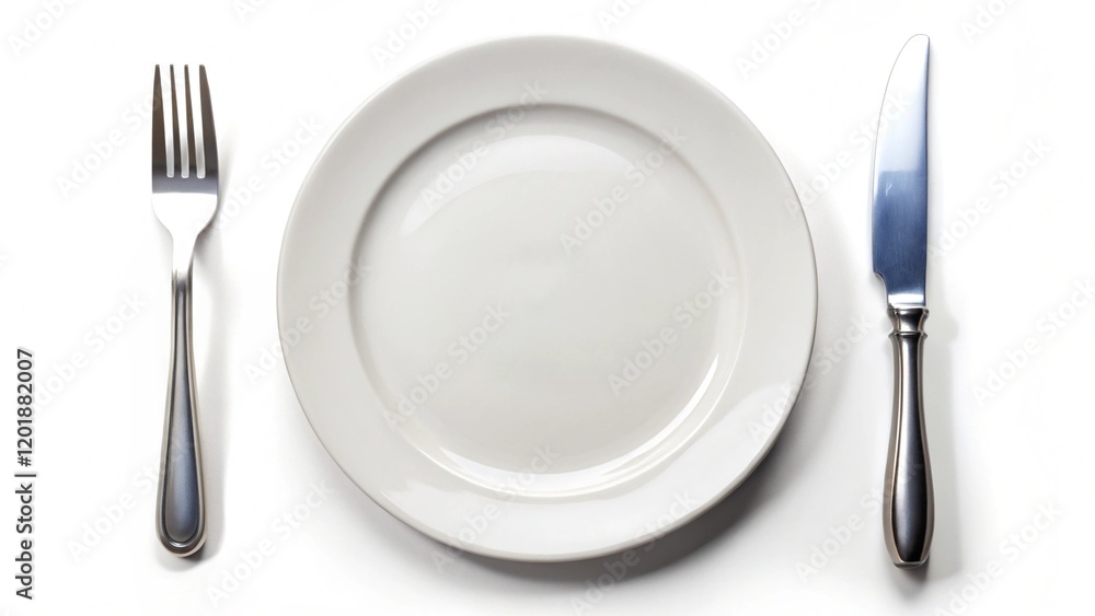 Cooking template - top view of an empty white plate with knife and fork isolated on a white background
Cooking template - top view of an empty white plate with knife and fork isolated on a white background