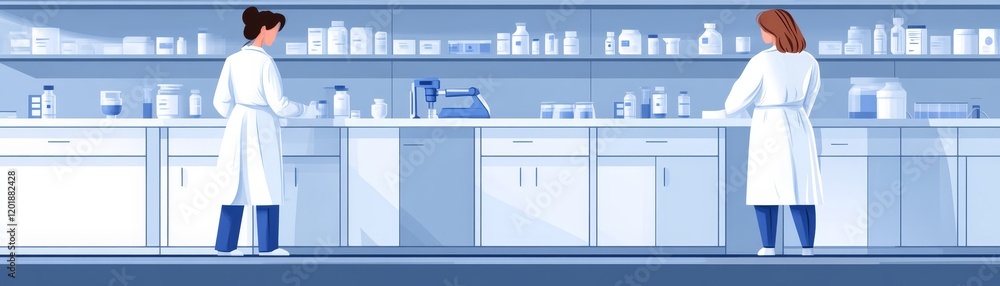 Fototapeta premium Scientists in lab coats conducting experiments in modern laboratory setting