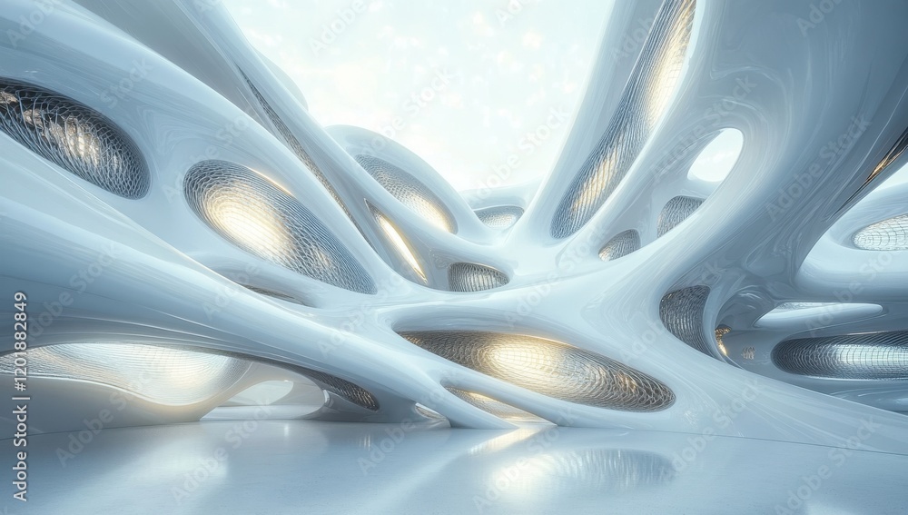 Futuristic Abstract Architecture with Smooth Contours, Organic Forms, and Soft Lighting Creating a Dreamlike Interior Space Evoking Imagination and Innovation Futuristic Abstract Architecture with Smooth Contours, Organic Forms, and Soft Lighting Creating a Dreamlike Interior Space Evoking Imagination and Innovation