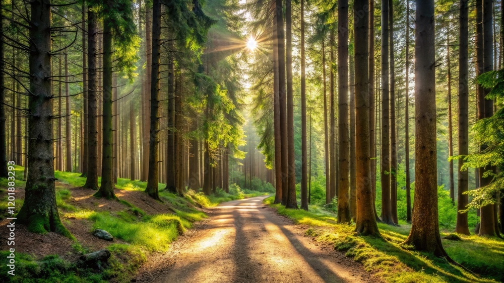 Obraz premium A winding dirt trail leading through a dense forest of tall coniferous trees, with sunlight filtering through the canopy above and casting dappled shadows on the ground., landscape, hiking, dirt path